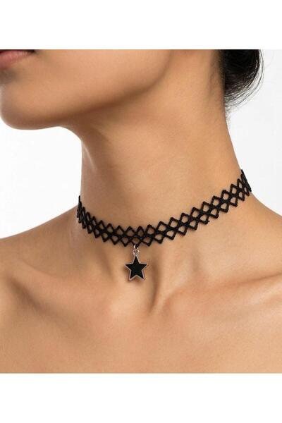 Nevara Elegant Black Lace Embellished Necklace with a Charming Star Pendant, Adjustable to Fit Different Sizes, Adding a Fashionable Touch to Your Look.