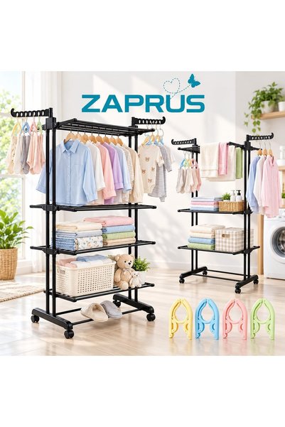Zaprus رف تجفيف ملابس متين بعجلات - حامل غسيل من الحديد بثلاث طبقات (72×64×170 سم) |   قابل للطي وموفر للمساحة |   يتضمن 4 شماعات ذكية قابلة للطي |   اللون الأسود