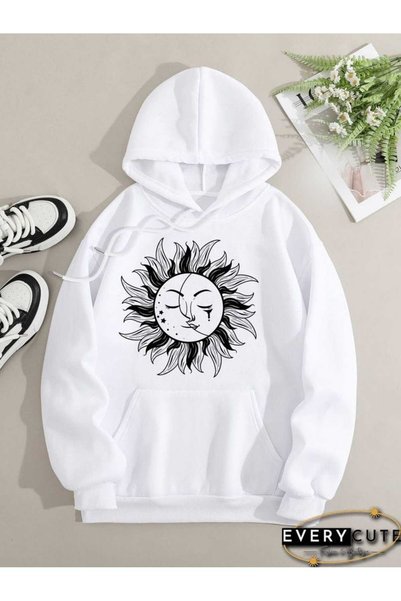 bellanova Unisex White Streetwear Oversize Hooded Casual Cotton Sweatshirt wi...
