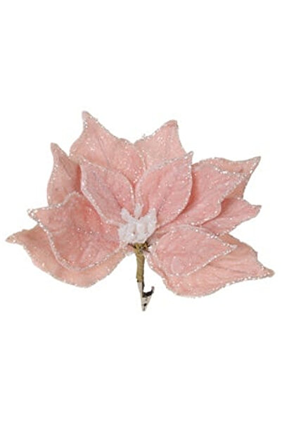 OEM Floare Decorativa de Craciun Roz Frosty cu Glitter Argintiu & Clips 24cm
