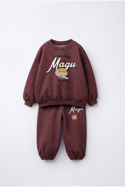 Magu Children's Cotton Printed Brown Sweatshirt and Sweatpants Set