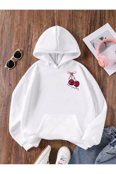 bellanova Unisex White 3 Thread Raster Oversize Hooded Sweatshirt Basic Comfo...