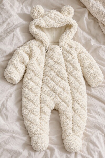 METEOR BABY Bebek Tulum - Peluş Ayıcık Kulaklı Kapüşonlu Fermuarlı Baklava De...