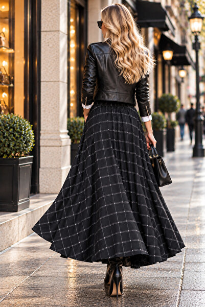 SELDAĞ MODA Black Color White Color Plaid Striped 90 cm Length Elastic Waist Full Flawed Skirt with Hidden Pockets