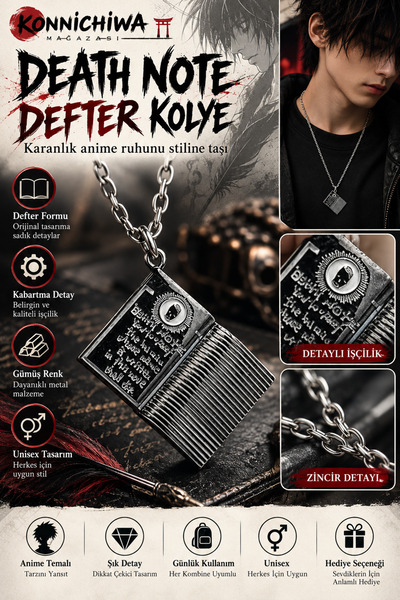 FG KONNİCHİWA Death Note Notebook Necklace Silver Color Unisex Anime