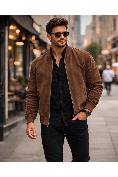 DYNAMO Men's Brown Suede Coat Regular Fit Zipper Closure