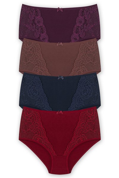 HNX Women's Cotton Lace Detailed Super High Waist Plus Size Panties 4 Pack
