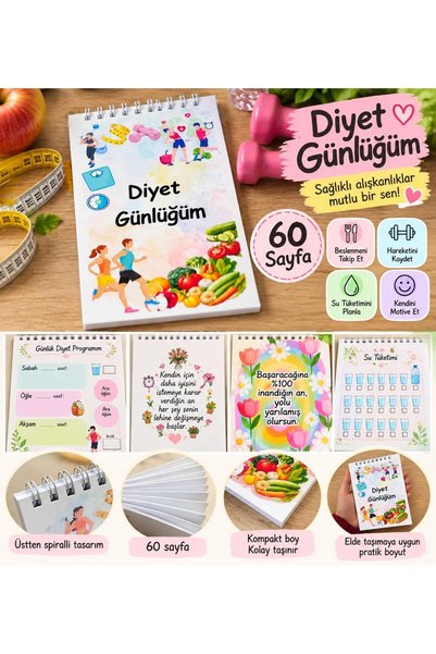 Buki'nin Atölyesi A6 Diyet Günlüğüm 60 Sayfa Üstten Spiralli Beslenme Takip v...