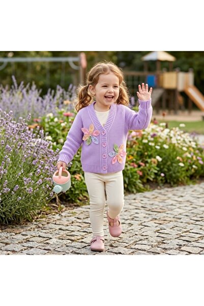 CUBBUX Cardigan pentru fete cu motive florale, tricotat manual, cu aspect tri...