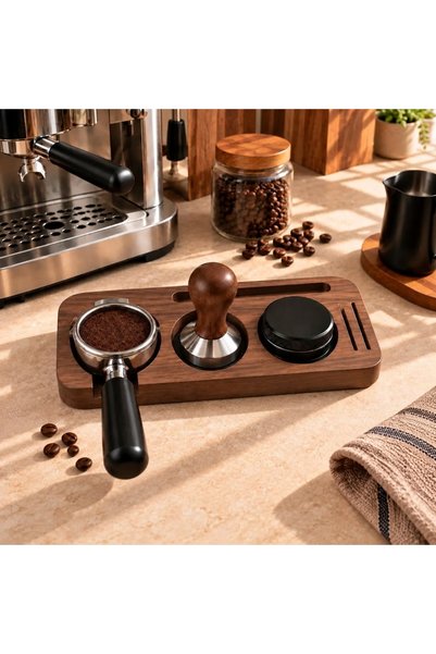 CLUE Masif Ahşap Espresso Sıkıştırma İstasyonu - Compact Kahve Barı Düzenleyici Stand & Tamper Matı