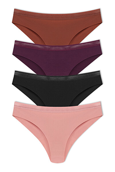 HNX Women's Interlock Laser Cut Honeycomb Elastic Brazilian Panties 4-Pack