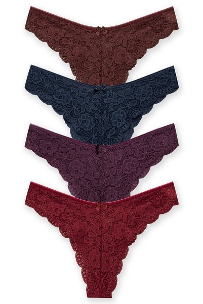HNX Women's Lace High Waist Brazilian Cut Slip Panties 4 Pack