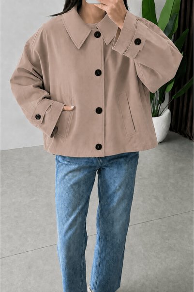 Hepsi Moda Yarasa Short Sleeve Trench Coat - 1114 - Beige