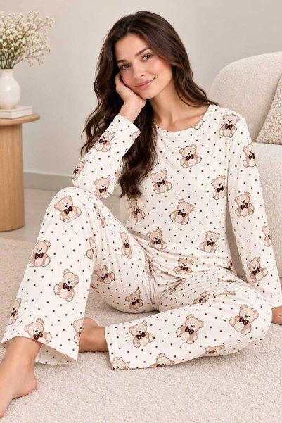 Sude HOMEWEAR Ayıcık Desenli Kadın Basic Model Pijama Takımı