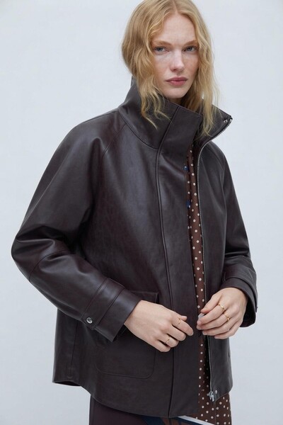PRİFALDİ Women's Brsk Long Oversize Zippered Pocketed Bitter Brown Leather Ja...