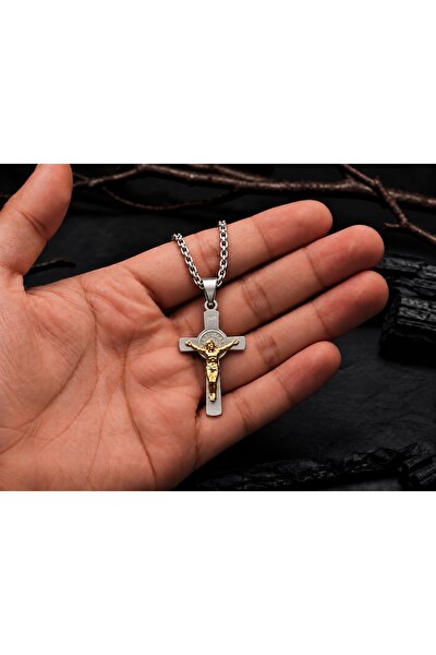 voyageaccessory Minimal Zarif tasarım Paslanmaz Çelik Gümüş Altın Renk İsa Figürlü Haç Kolye
