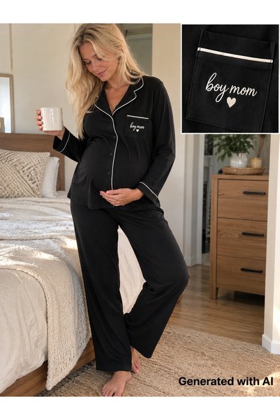 LİKAPA LikapaShop İnterlok Düğmeli İşlemeli Hamile Lohusa Uzun Kol Pijama Takımı