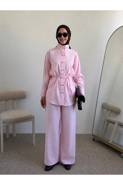Hepsi Moda Double Buttoned Shirt and Trousers Set - 21566 - Pink
