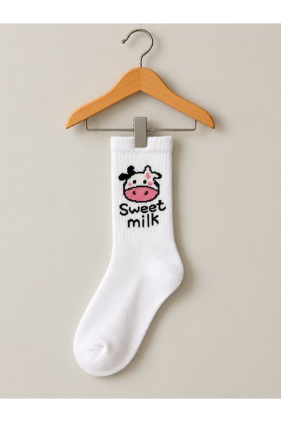 Eveerloop Sweet Milk İnek Desenli Beyaz Uzun Tenis Çorabı