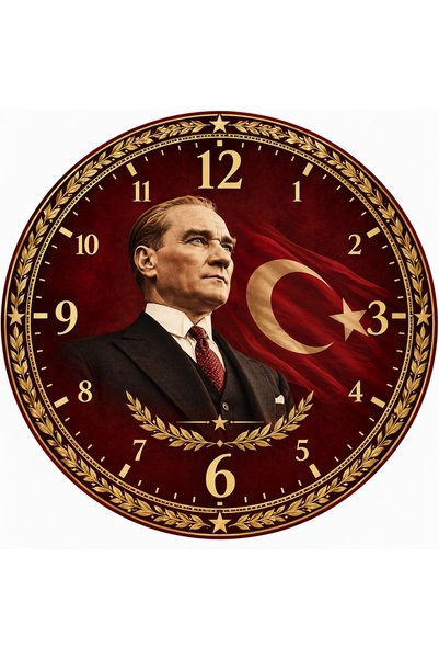 AA Shop Atatürk Temalı 45 Cm Ahşap Sessiz Akar Mekanizmalı UV Baskılı Dekoratif Duvar Saati Hediyelik 1096
