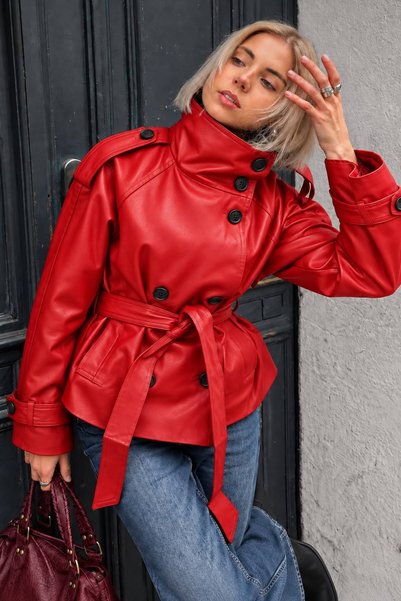 mega lucky Premium Red Faux Leather Stand Collar Lined Women's Leather Jacket