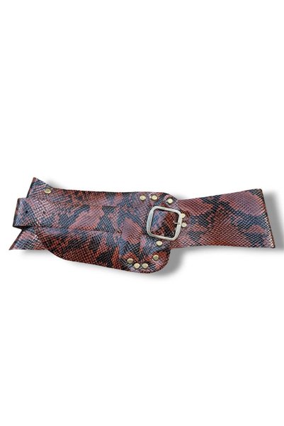 Yılday Gür Butik Women's Brown Snake Pattern Textured Square Buckle Leather B...