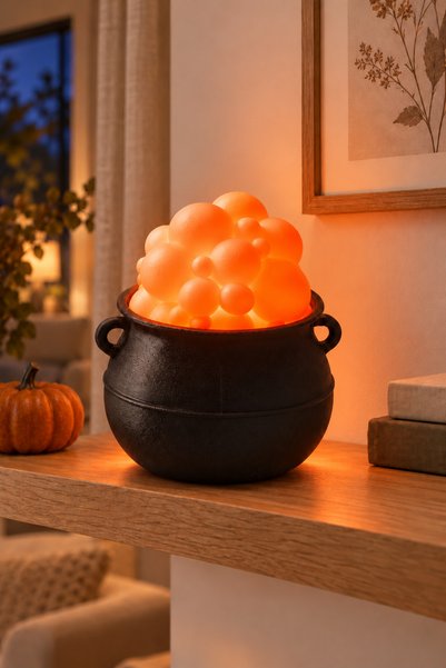 edoy Turuncu Işıklı Cadı Kazanı Lambası Halloween Cadılar Bayramı Dekoratif Masa ve Raf Aydınlatması