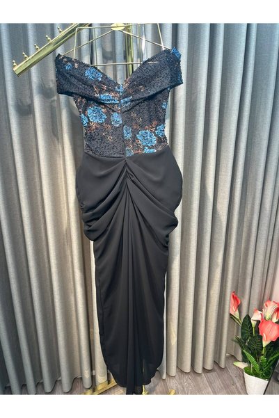 tasmim kian High-End Black Evening Dress with Off-The-Shoulder Design and Floral Relief Embroidery