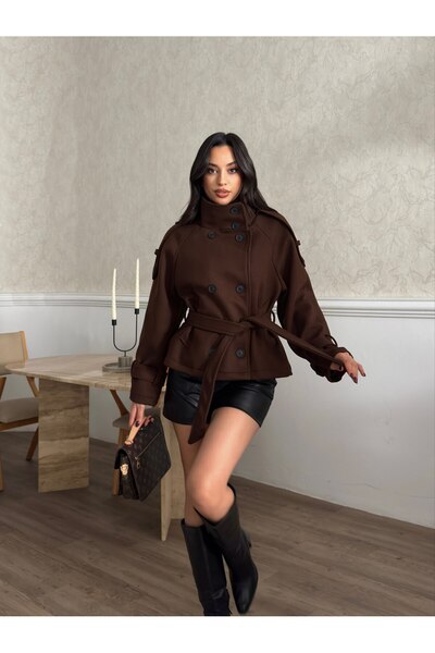 Bella Breeze Women's Stand Collar Double Button Belted Short Cashmere Coat