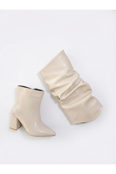 GÜZEL SHOES Lenaa Beige-Skin Drawstring Detachable Pointed Toe Heeled Boots w...