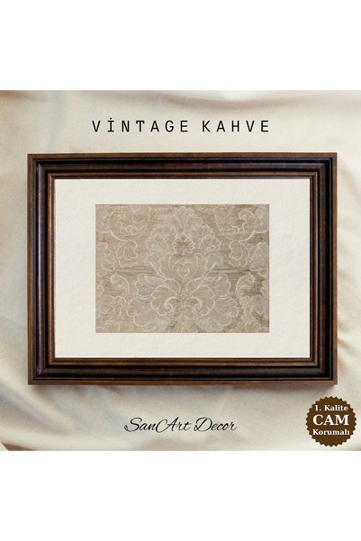 Sanart Gri Klasik Süsleme Motifi Çerçeveli Vintage Tablo, Yağlı Boya Baskı, V...