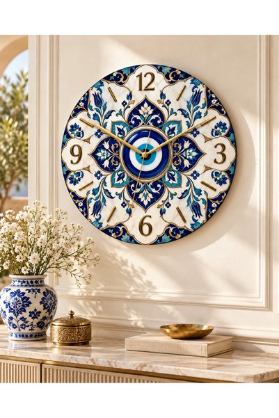 AA Shop Osmanlı Motifli Nazar Desenli Ahşap 45 Cm Sessiz Akar Mekanizmalı UV Baskılı Dekoratif Duvar Saati Hediyelik 1015