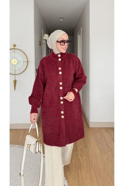 Nes Moda Kadın Premium Trend Dik Yaka Detaylı Tesettür Triko Tunik Hırka Kaban