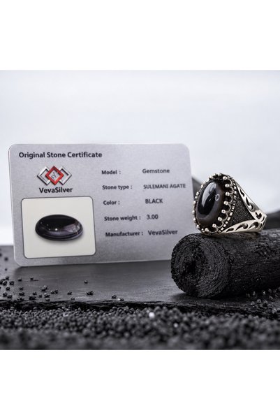 vevasilver 925 Ayar Gümüş Erkek Yüzük Oval Siyah Sülemani Akik Taşlı Sertifikalı
