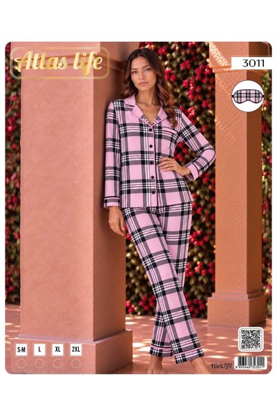 Kadın Pembe Ekose Kareli Gömlek Yaka Düğmeli Göz Bantlı Pijama Takımı