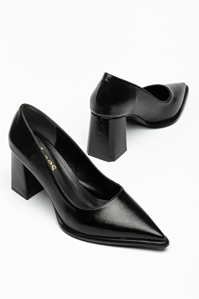 simplicity Women's Black Leather Pointed Toe Closed Back Thick Heeled Stilett...