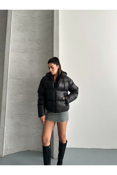 Fashionbox geacă de puf impermeabilă pentru femei, cu glugă și fermoar, cu um...