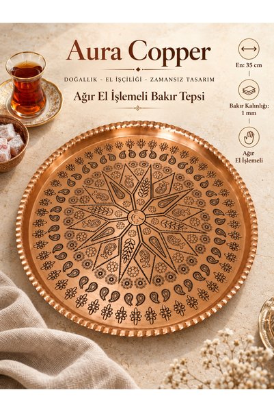 AURA COPPER Heavy Hand-Embroidered Copper Tray 1 mm Decorative Presentation a...
