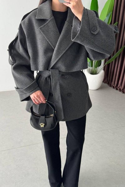 Bella Breeze Women's Double-Breasted Collar Belted Double-Button Oversize Short Cashmere Coat