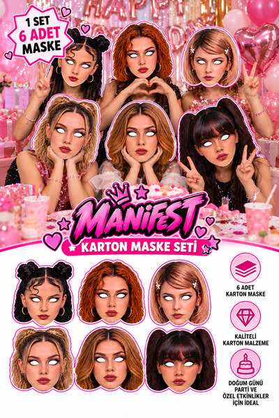 GREATOY Manifest Temalı 6 Adet Karton Maske Seti, Doğum Günü ve Parti Fotoğra...
