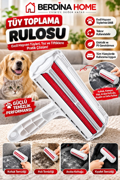 Berdina Home Evcil Hayvan Tüy Toplama Rulosu Kedi Köpek Tüyü Temizleyici Koltuk Halı Kıyafet Tiftik Toplayıcı