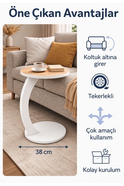 interGO CARO İki Renkli Premium Tekerlekli Yan Sehpa, İki Renkli Dekoratif C Sehpa
