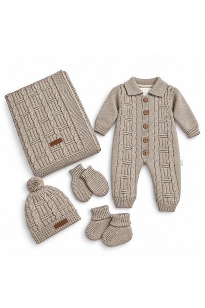 Tri-Berries Welsoft Lined Baby Knitwear Jumpsuit Blanket Set with Gloves, Pompom Hat and Booties - Complete Set Hospital Release
