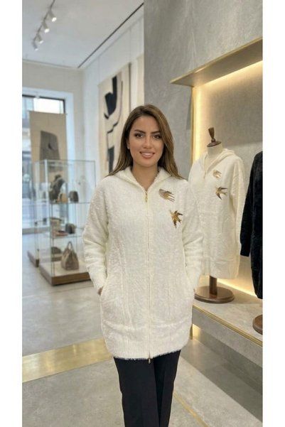 Genel Markalar Nefise Kuş Detaylı Kapüşonlu Peluş Kalın Uzun Hırka Standart B...