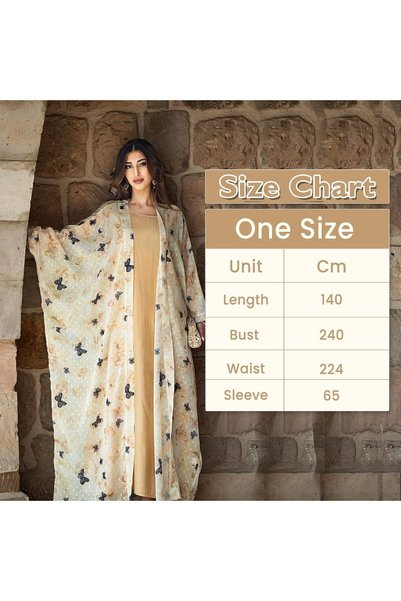 Generic Elegant Printed Apricot 1PC Muslim Abaya Dress for Women, Lightweight Long Sleeve Cover-Up with Butterfly Design Abayas, Perfect for Ramadan, Eid, and Casual Wear Islamic Dresses for Women