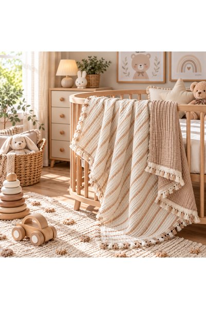HB&Victory 100% Cotton 4 Layer Muslin Baby Blanket Double Sided Beige 100X120 cm
