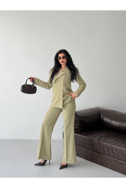 Celiora Set de jachetă și pantaloni pentru femei, cu guler asimetric și nastu...