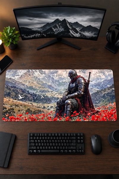 Çiçek Tarlasında Dinlenen Şovalye 40x90 Gaming Oyuncu Mouse Pad Kaymaz Kauçuk Taban Büyük Boy Klavye Fare Altlığı Mousepad