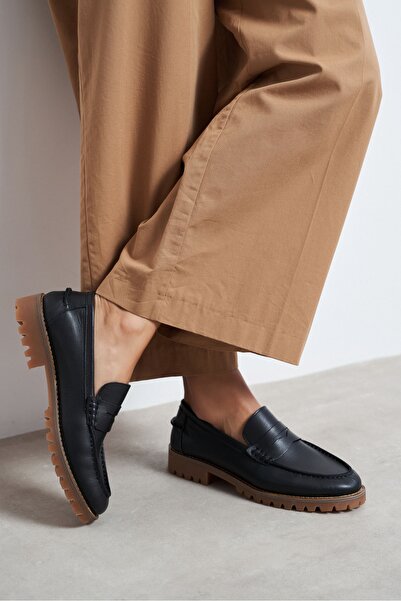 NİŞANTAŞI SHOES Elie Μαύρο Γνήσιο Ματ Δερμάτινο Γυναικείο Penny Loafer με Χον...