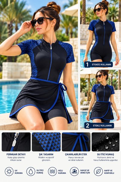 İYİBU Women's Swimsuit with Shorts, Short Sleeves, Zipper, Removable Skirt, Patterned, with Chest Pads